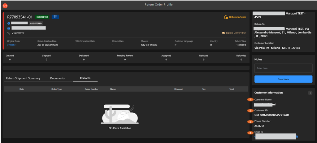 Return Order Customer Information